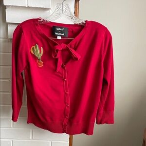 Collectif Red Cardigan with Cactus Embroidery